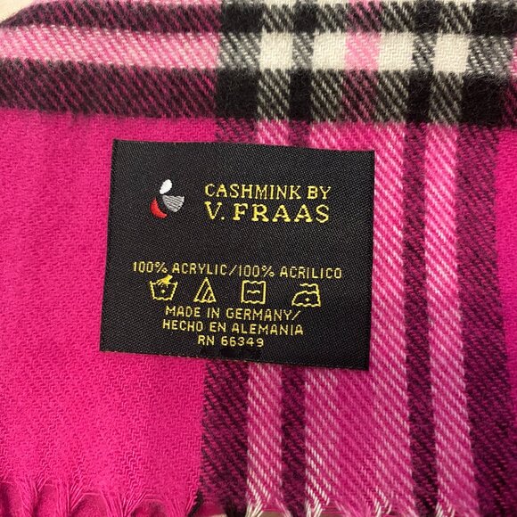V. Fraas Cashmink Plaid Pink Black Scarf with Fringe, Made in Germany - Picture 2 of 3